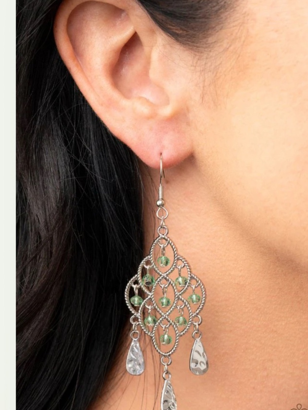 Silver Filigree Drop Earrings with Green Accents - Women Jewelry